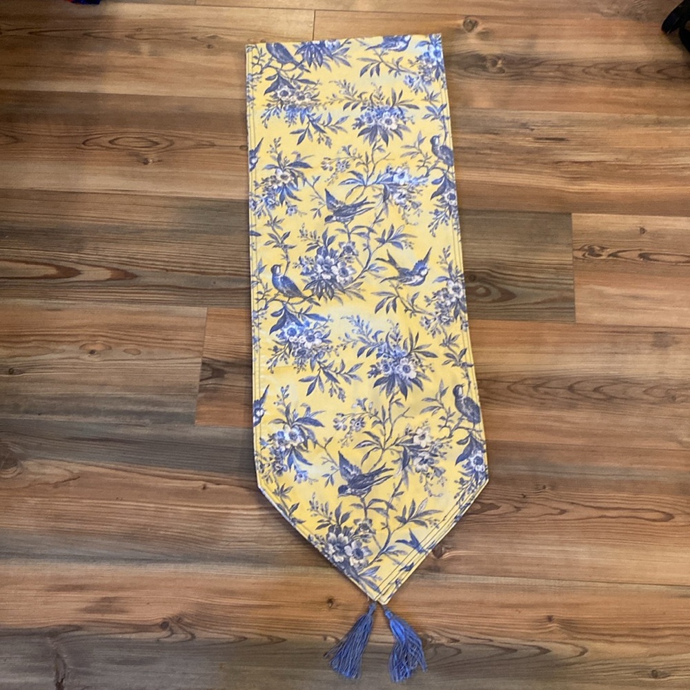 French Country Yellow and Blue Toile Table Runner with Tassels 6’ long Vintage - Picture 5 of 12